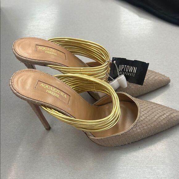 Aquazzura Tan Heels with Gold Straps - Picture 3 of 5